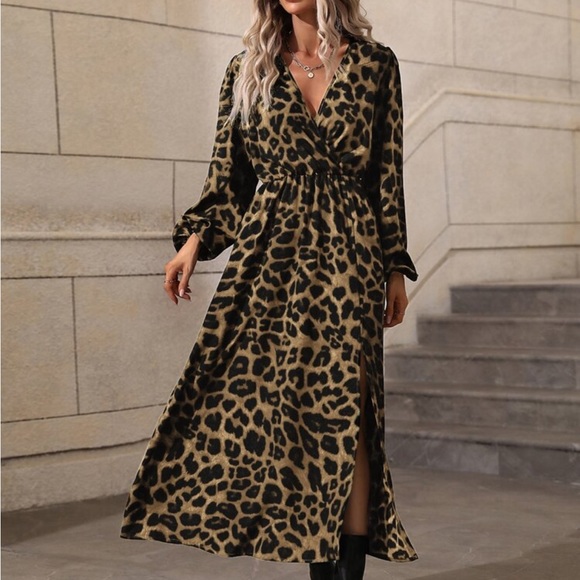 Boho Leopard Print Slit Long Sleeve Maxi Dress - Picture 10 of 16